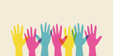 Silhouette colored human hands raised up in retro risograph style. Concept of diversity, volunteering, voting. Banner with copy space. Vector stock illustration.