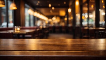 empty wooden tabletop on the background of a cozy cafe, restaurant. background. photo for background