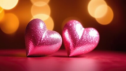 Fototapeta premium Two pink hearts shaped on bokeh abstract background . 3d. The symbol of love is Valentine's Day.