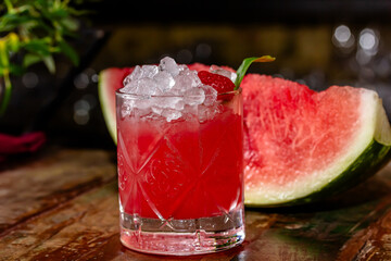 Refreshing summer cocktail with watermelon, ice and mint