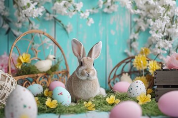 Fluffy Rabbit, Easter Eggs, and Spring Flowers.