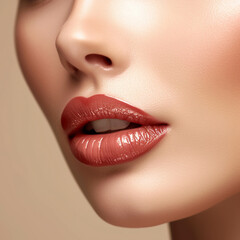 Fototapeta premium Lips. Close up portrait of beautiful young woman on studio background. Concept of cosmetics, makeup, natural and eco treatment, skin care. Shiny and healthy look, fashion, healthcare. Details.