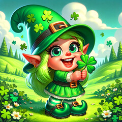 St Patrick lucky Gnome Illustration, shamrock, golden coin, beer, party
