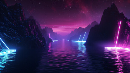 Dark lake with glowing neon lines