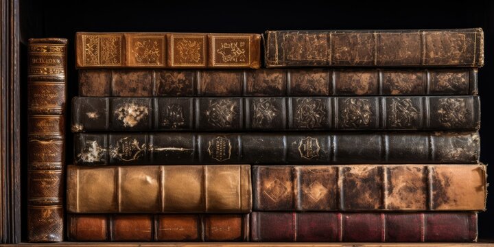 vintage leather books on old wooden shelf. 