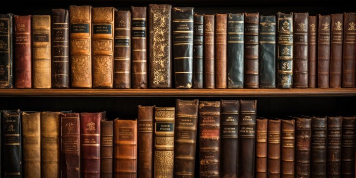 vintage leather books on old wooden shelf. 