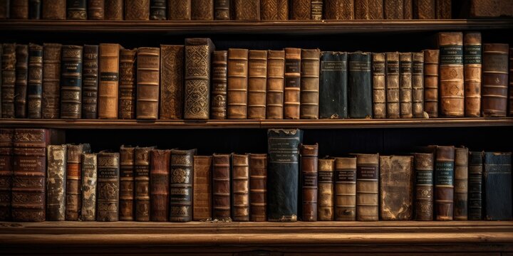 vintage leather books on old wooden shelf.  - Powered by Adobe