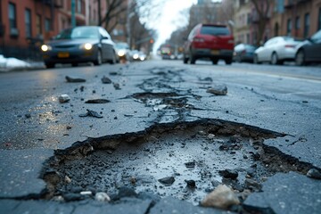 A worn-out urban road with numerous potholes highlights infrastructure neglect, posing risks to vehicles and pedestrians and calling for immediate repair