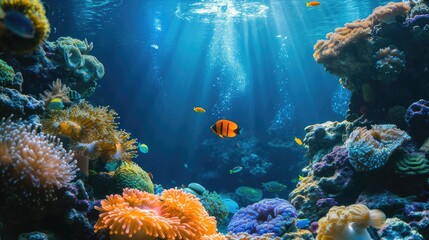 Fototapeta na wymiar Colorful underwater world, details of coral reef, colorful fish and dark blue ocean