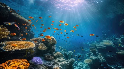 Fotobehang Colorful underwater world, details of coral reef, colorful fish and dark blue ocean © Светлана Канунникова