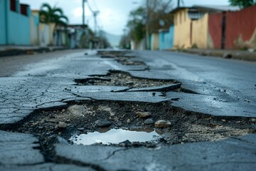 A worn-out urban road with numerous potholes highlights infrastructure neglect, posing risks to vehicles and pedestrians and calling for immediate repair - obrazy, fototapety, plakaty
