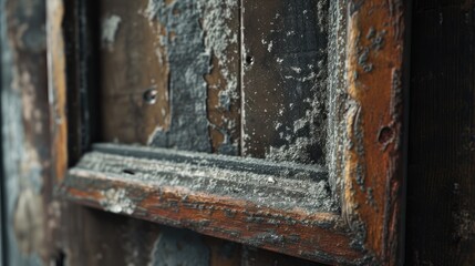 details of an old wooden photo frame. Capture texture, grain, and any signs of weathering or aging to convey the true character and history of the shot