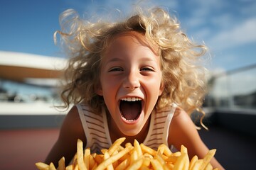 Smiling preteen girl enjoying every bite of tasty french fries