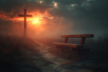 Old wooden Christian cross sits on a mound field at sunrise. Christianity Theme Illustration. Creed of the Faithful. - obrazy, fototapety, plakaty