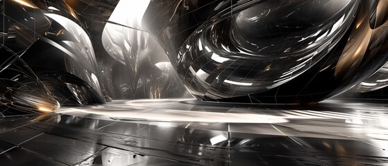 A conceptual studio space, featuring a jet-black abstract area, with dynamic 3D art pieces that challenge perception.