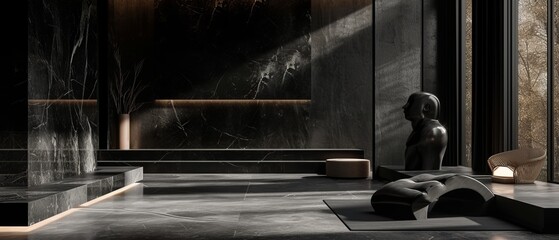 A room with a dark black abstract theme, minimal furniture, highlighting sculptural marble figures that cast dramatic shadows, enhancing the mysterious ambiance.