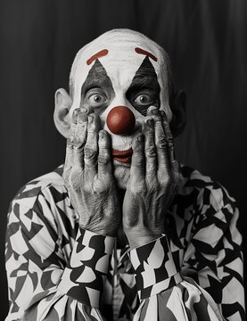Hollow Animal in clown sad face, colorful makeup behind metal bars prisoner