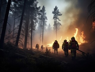 firemen fighting flames in the burning forest. 