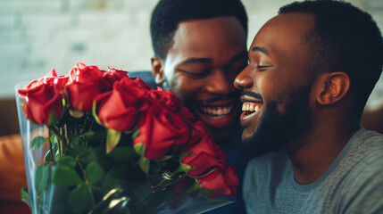 Happy African American gay couple hugging with bouquet flowers. Engagement celebration. Pride concept. Generative AI. - obrazy, fototapety, plakaty