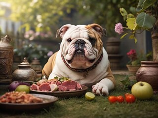 Bulldog ingles con un surtido de comida de lujo para perros

