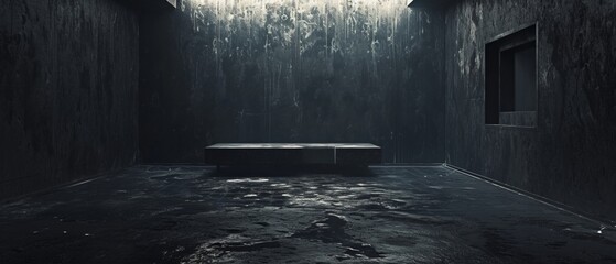 A studio engulfed in pitch-black darkness, with textured charcoal walls creating a sense of...