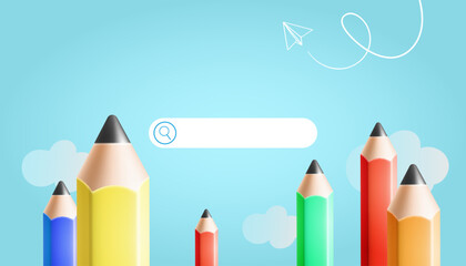 Search bar with colorful pencils, white cloud on blue background. Online education concept, vector illustration
