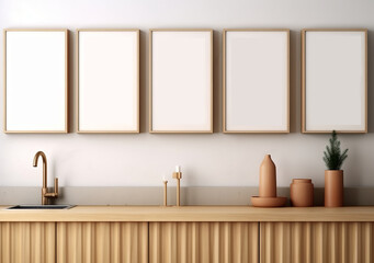 Living room with a well-lit interior, adorned with a dresser, shelf, art decorations, and mockup frames. Made with generative AI technology