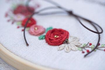 Close-up of an embroidery hoop with a floral decoration