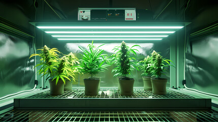 Cannabis plants in a grow room under lights