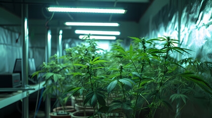 Cannabis plants in a grow room under lights