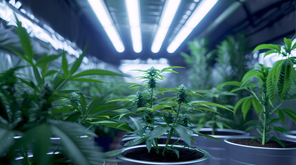 Cannabis plants in a grow room under lights