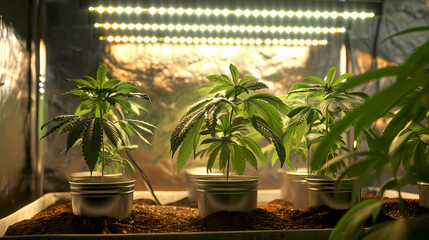 Cannabis plants in a grow room under lights