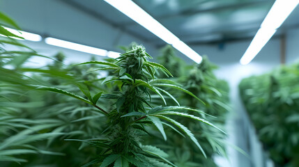 Cannabis plants in a grow room under lights