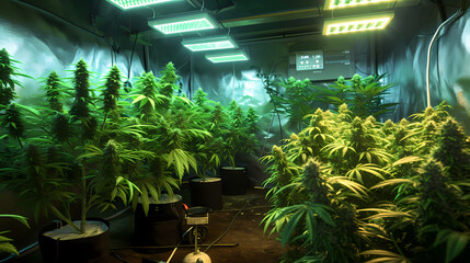 Cannabis plants in a grow room under lights