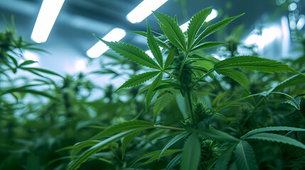 Cannabis plants in a grow room under lights