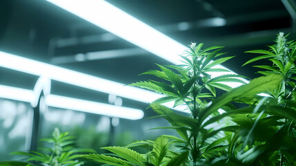 Cannabis plants in a grow room under lights
