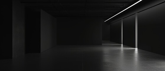 An all-consuming dark studio, with matte black surfaces absorbing all light, fostering a feeling of isolation and introspection. - obrazy, fototapety, plakaty