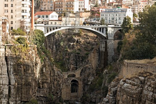View of El Kantara bridge over Rhumel river gorge in Constantine city. Algeria. Africa.