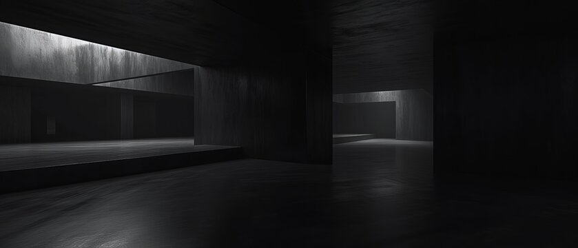 An abyss-like studio room, where the obsidian black walls blend seamlessly into the floor, creating a disorienting, endless space.