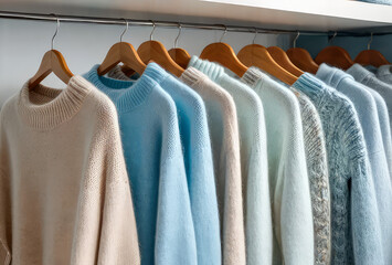 Сashmere wool sweaters hanging in the closet. Cozy autumn and winter wardrobe, warm knitted dress close-up, retail clothing background. Selective focus.