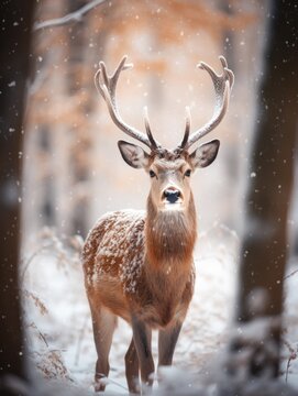 portrait of a deer in the winter forest. 