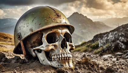 Closeup of a human skull with army helmet abandoned in a muddy trench. Mountain landscape on background. Generative Ai. - obrazy, fototapety, plakaty