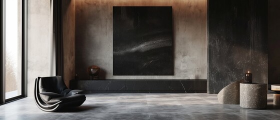 Fototapeta na wymiar Bare studio space with a jet-black abstract canvas, complemented by dark marble surfaces and minimalist stone art pieces.