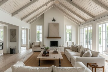 Fototapeta premium White Modern Farmhouse Living Room with Vaulted Ceilings Design Ideas