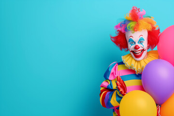 Vivid Festive Charm: A Colorful Clown Graced with a Brightly Painted Face and Radiant Hair, Surrounded by Whimsical Balloons, Set Against a Playful Blue Background
