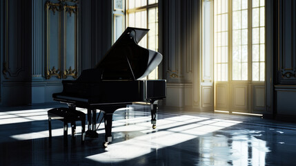 Classic grand black piano in aesthetic minimalist style room interior full of light. Musical...