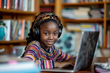 A mixed-race schoolgirl with laptop and headphones continues her education from home, showcasing adaptability and enthusiasm amidst pandemic challenges - obrazy, fototapety, plakaty
