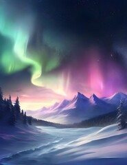 Beautiful aurora lights over snowy landscape. Enchanting wallpaper with space for text. Generative AI