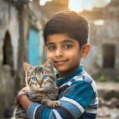 Candid photograph of a young child in worn-out clothing, holding a cat with piercing blue eye