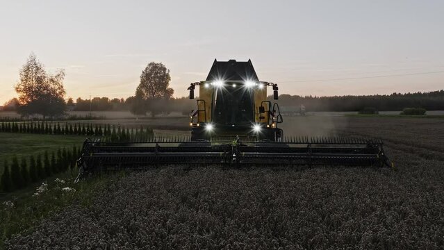 Combine harvester working in the field in the beatiful sunset